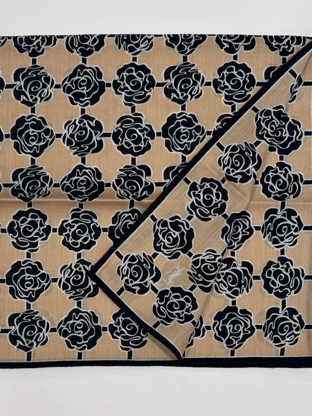 WOMEN HANDKERCHIEF YSL Floral Rose Black Beige COTTON POCKET SQUARE 19” - Picture 4 of 6